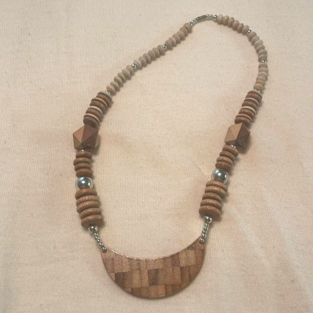 Vintage 1980s Wood Statement Chunky Bohemian Natural Brown Bib Necklace 26"